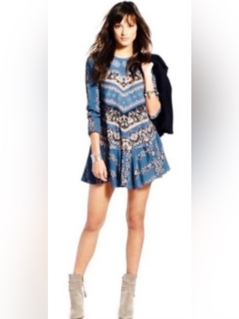 Free People Smooth Talker Tunic Mini Dress Blue Printed Long-Sleeve SZ. S